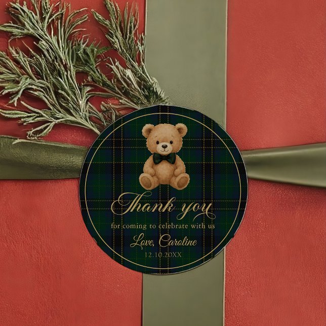 Teddy Bear Green Tartan Baby Shower Sticker (Creator Uploaded)