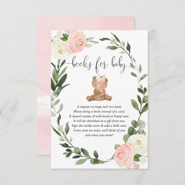 Teddy bear greenery pink floral books baby girl en enclosure card (Front/Back)