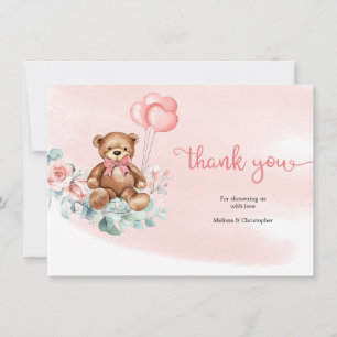 Teddy Bear Greenery Wreath Blush Floral Roses Baby Thank You Card