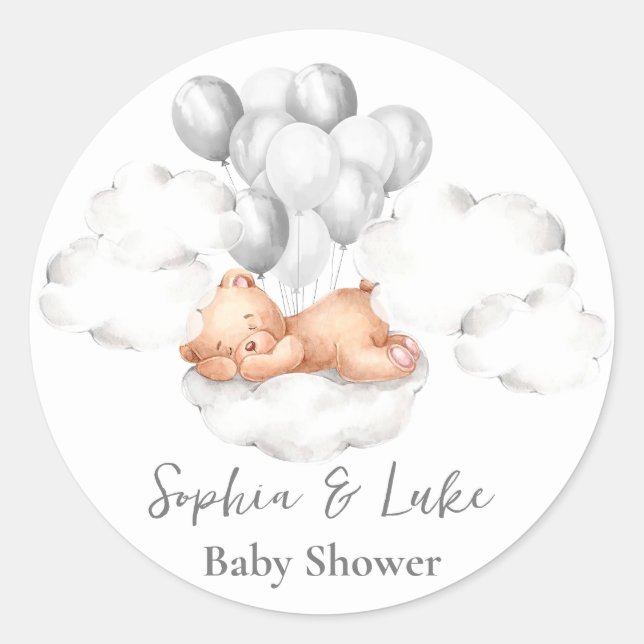 Teddy Bear Grey Balloons Boy Baby Shower Classic Round Sticker (Front)