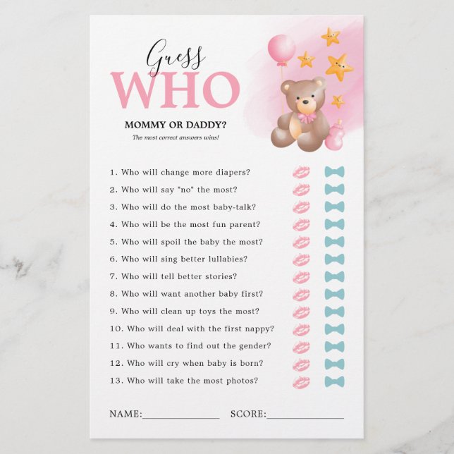 Teddy Bear Guessing Baby Shower Game (Front)