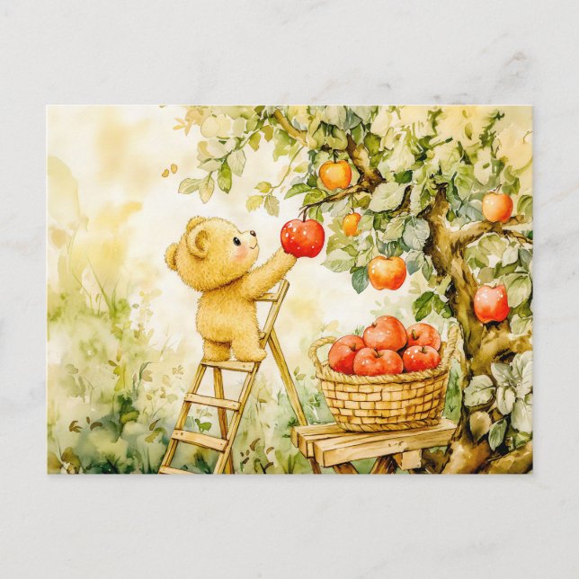 Teddy Bear Harvesting Apples with Ladder Postcard (Front)
