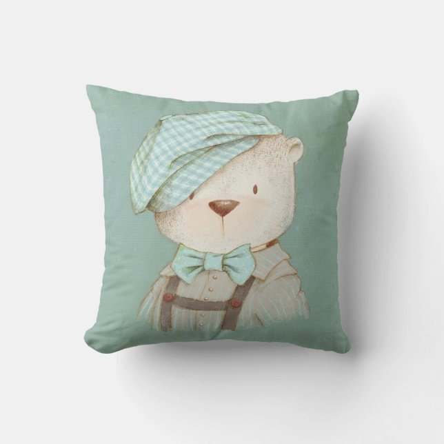 Teddy Bear Hat Overalls Cute Whimsy Nursery Baby Cushion (Front)