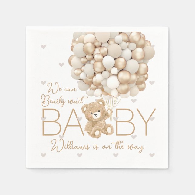 Teddy Bear Heart & Balloon Baby Shower Napkin (Front)