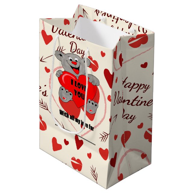 Teddy bear holding a heart medium gift bag (Front Angled)