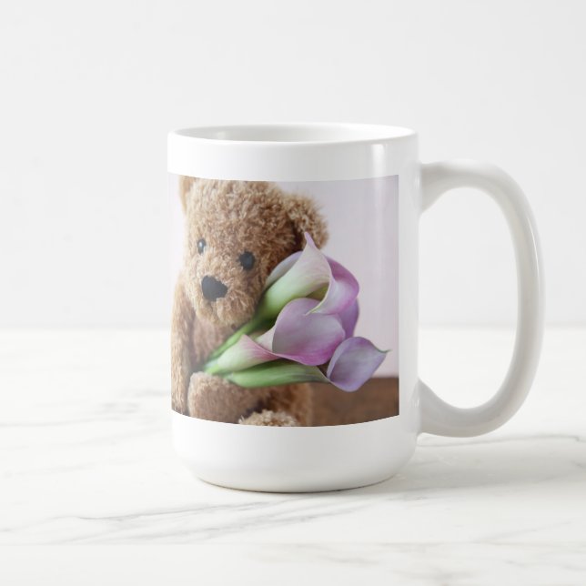 teddy bear holding calla lilies mug (Right)