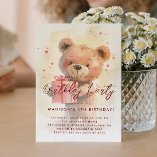 Teddy Bear Holding Gift Kids Birthday Party Invitation