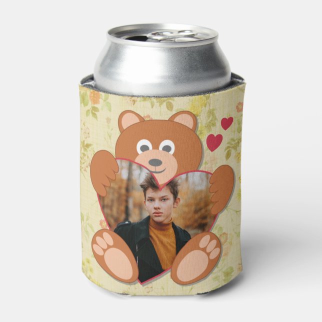 Teddy Bear Holding Heart Photo Valentine's Day Can Cooler (Can Front)