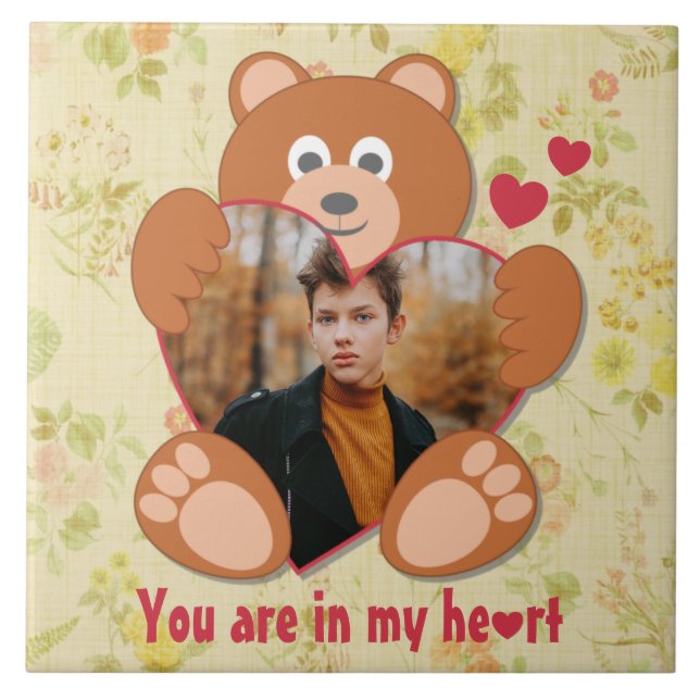 Teddy Bear Holding Heart Photo Valentine's Day Ceramic Tile (Front)