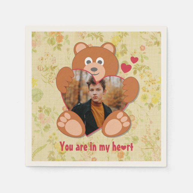 Teddy Bear Holding Heart Photo Valentine's Day Napkin (Front)