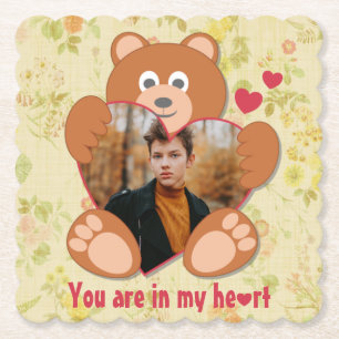 Teddy Bear Holding Heart Photo Valentine's Day Paper Coaster