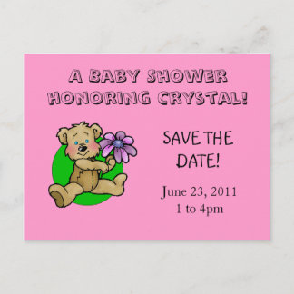Teddy bear holding purple daisy save the date announcement postcard