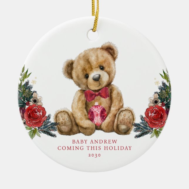 Teddy Bear Holiday Baby Announcement Keepsake Ceramic Ornament (Front)