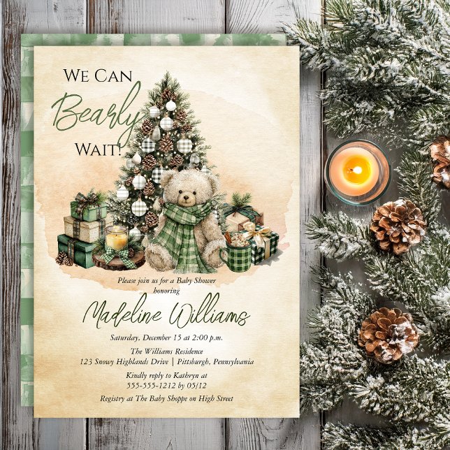 Teddy Bear Holiday We Can Bearly Wait Baby Shower Invitation (Teddy Bear "Bearly Wait" Green Neutral Christmas Holiday Baby Shower Invitation -- Print | Digital)