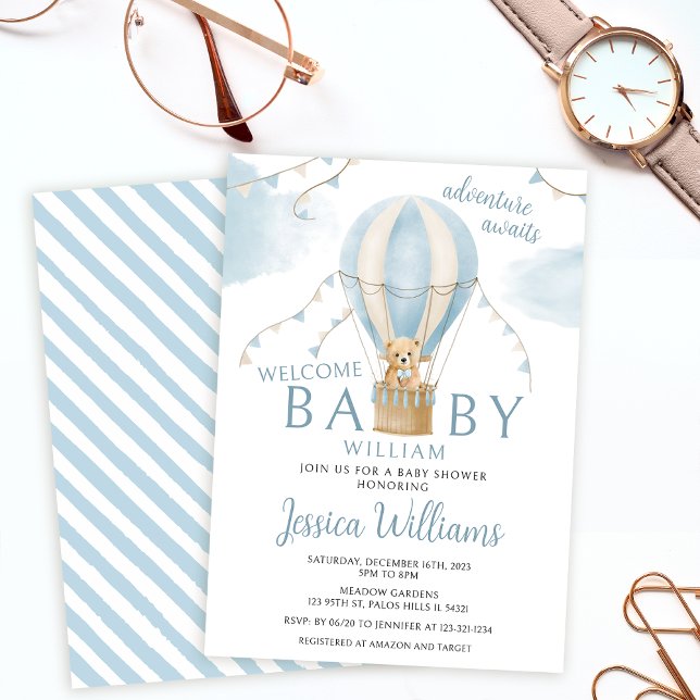 Teddy bear hot air balloon baby boy shower invitation (Creator Uploaded)