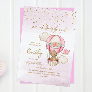 Teddy Bear Hot Air Balloon Baby Girl 1st Birthday  Invitation
