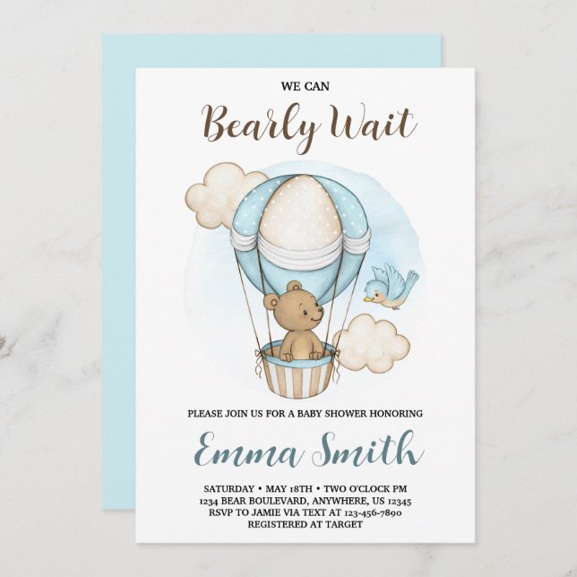 Teddy Bear Hot Air Balloon Baby Shower Invitation (Front/Back)