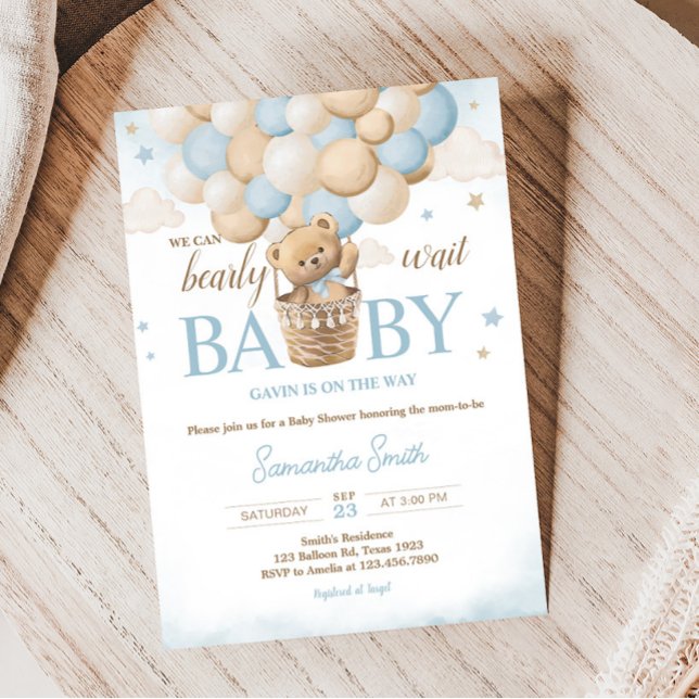 Teddy Bear Hot Air Balloon Baby Shower  Invitation (Boho Blue Bear Baby Shower Invitation)