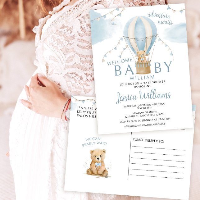 Teddy bear hot air balloon baby shower postcards (Creator Uploaded)