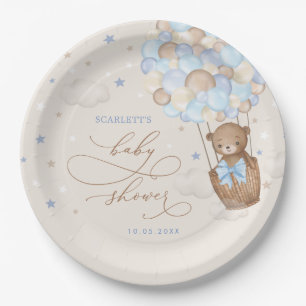 Teddy Bear Hot Air Balloon Blue Brown Baby Shower Paper Plate