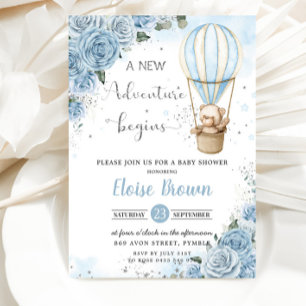 Teddy Bear Hot Air Balloon Blue Floral Baby Shower Invitation