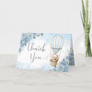 Teddy Bear Hot Air Balloon Blue Floral Baby Shower Thank You Card