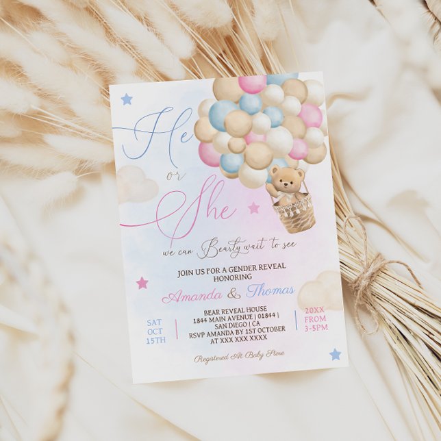 Teddy Bear Hot Air Balloon Gender Reveal Invitation (Creator Uploaded)