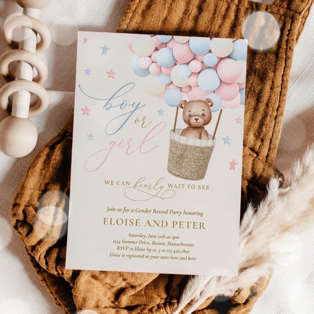Teddy Bear Hot Air Balloon Gender Reveal Party Invitation (Creator Uploaded)