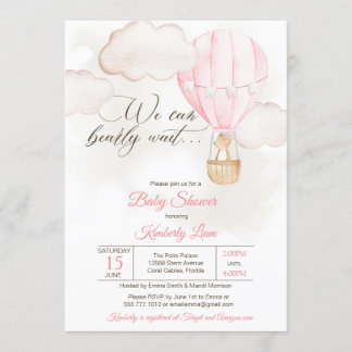 Teddy Bear Hot Air Balloon Girl Baby Shower Invitation