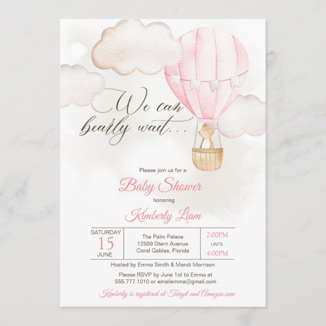 Teddy Bear Hot Air Balloon Girl Baby Shower Invitation (Front)