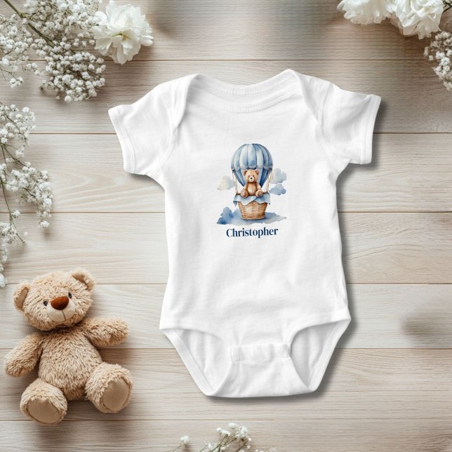 Teddy Bear Hot Air Balloon Personalised Blue Boy Baby Bodysuit (Teddy Bear and Hot Air Balloon Blue Baby Boy Baby Body suit. Personalize it.)