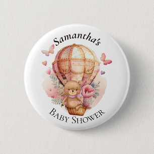 Teddy Bear Hot Air Balloon Pink Baby Shower Button