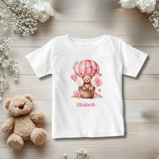 Teddy Bear Hot Air Balloon Pink Girl Personalised Baby T-Shirt (Teddy Bear Hot air balloon Pink Baby Toddler Girl Personalized T-shirt)