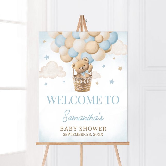 Teddy Bear Hot Air Balloon Welcome Poster (Boho Blue Bear Baby Shower Welcome Sign)