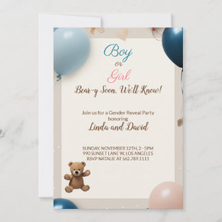 Teddy Bear Hot Balloons: Boy or Girl Gender Reveal Invitation