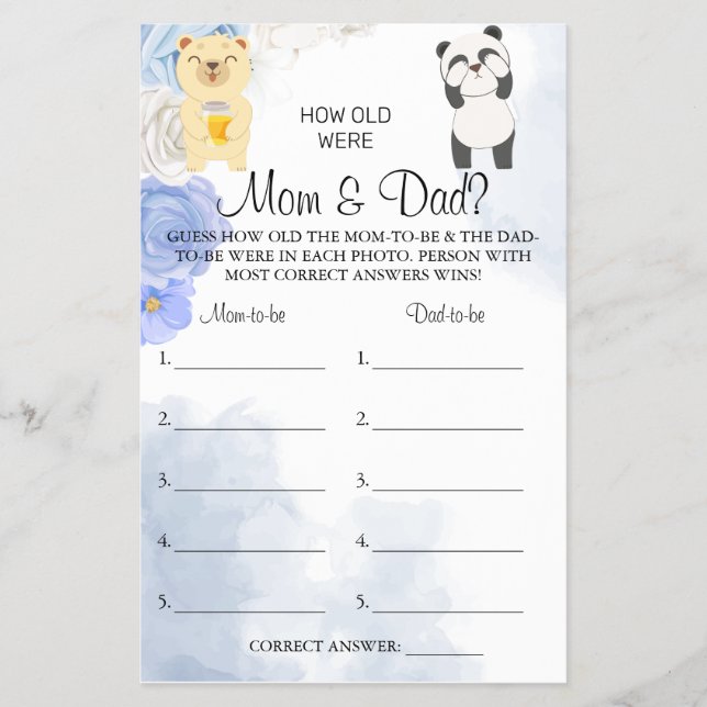 Teddy Bear How old were Mum & Dad shower game card (Front)