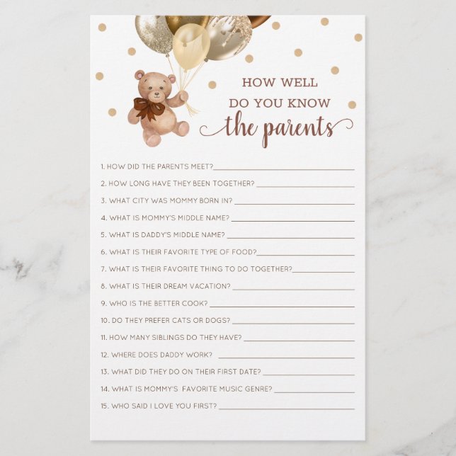 Teddy Bear How Well Do You Know The Parents Game (Front)
