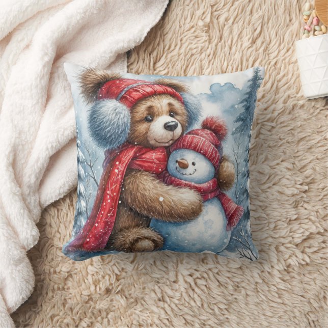 Teddy Bear Hugging a Snowman Cushion (Blanket)