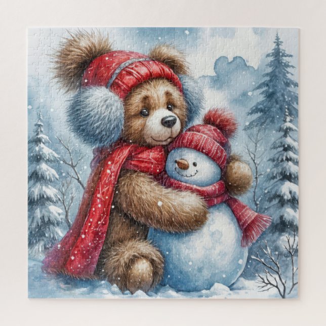 Teddy Bear Hugging a Snowman Jigsaw Puzzle (Vertical)