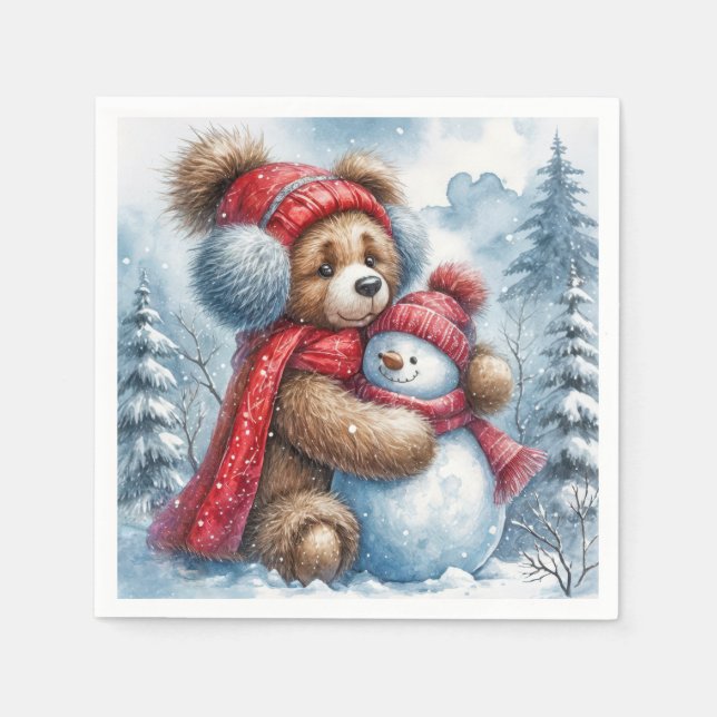 Teddy Bear Hugging a Snowman Napkin (Front)