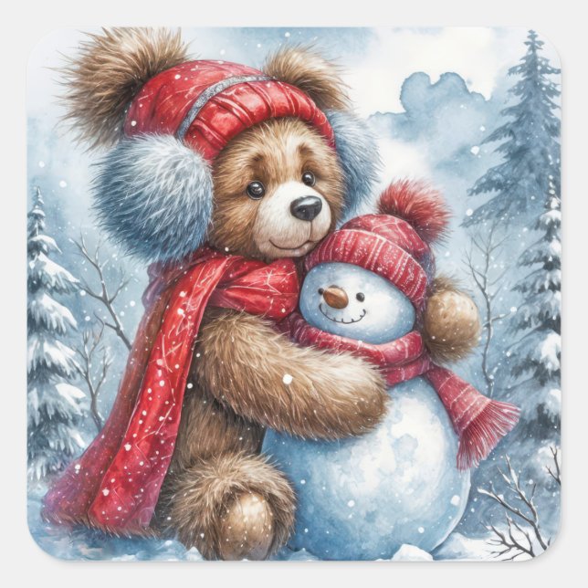 Teddy Bear Hugging a Snowman Square Sticker (Front)