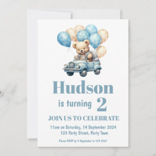 Teddy Bear in a Car Birthday Party Invitation