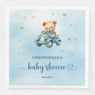 Teddy bear in a car boy baby shower napkin
