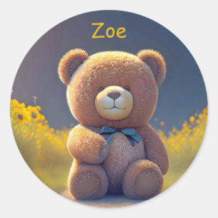 Teddy bear in a meadow, cute custom  classic round sticker