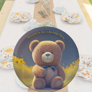 Teddy bear in a meadow, cute custom paper plate
