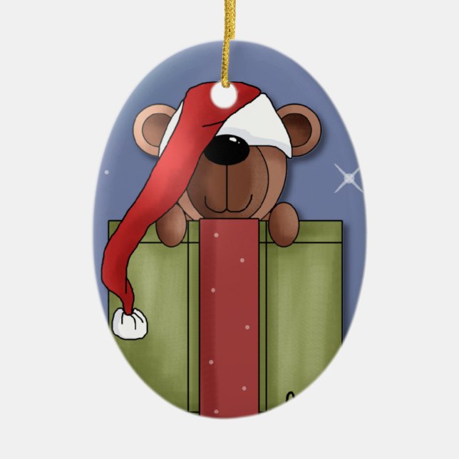 Teddy Bear in a Red Stocking Cap Ceramic Tree Decoration (Front)