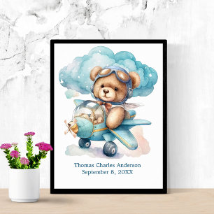 Teddy Bear in Aeroplane Nursery Decor Wall Art
