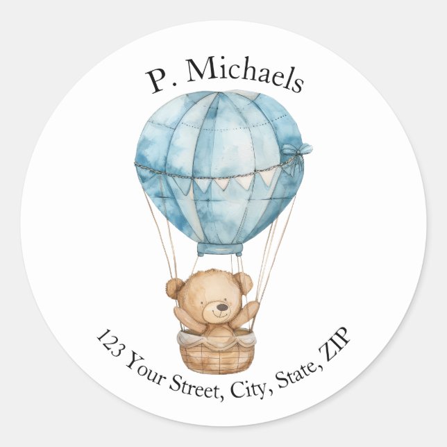 Teddy Bear in Air Balloon Round Address Label  (Front)