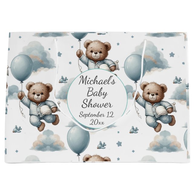 Teddy Bear in Blue Pyjamas Baby Shower Large Gift Bag (Front)
