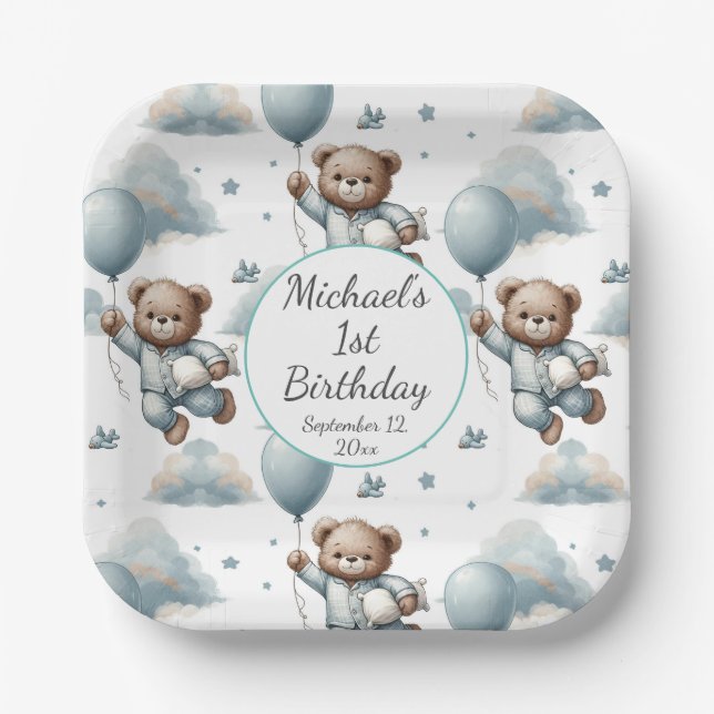 Teddy Bear in Blue Pyjamas Birthday Paper Plate (Front)